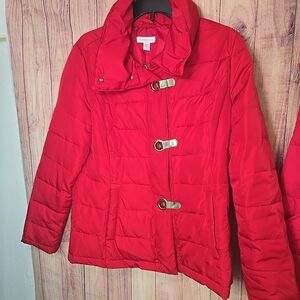 Charter Club Red Puffer Jacket with Buckle Accents